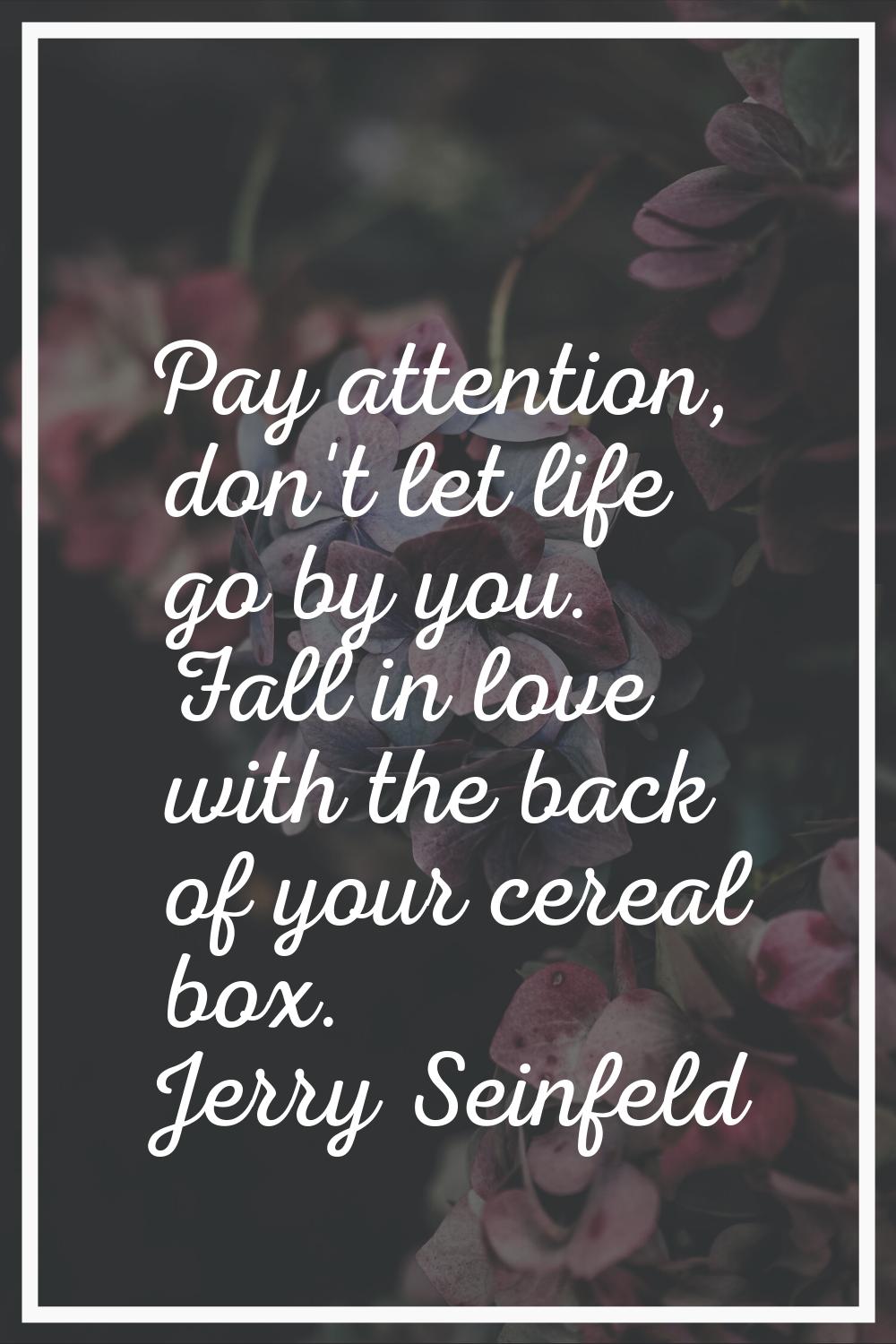 Pay attention, don't let life go by you. Fall in love with the back of your cereal box.