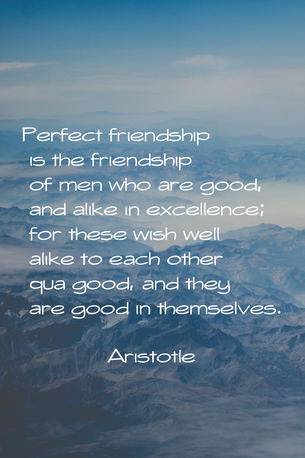 Perfect friendship is the friendship of men who are good, and alike in excellence; for these wish w