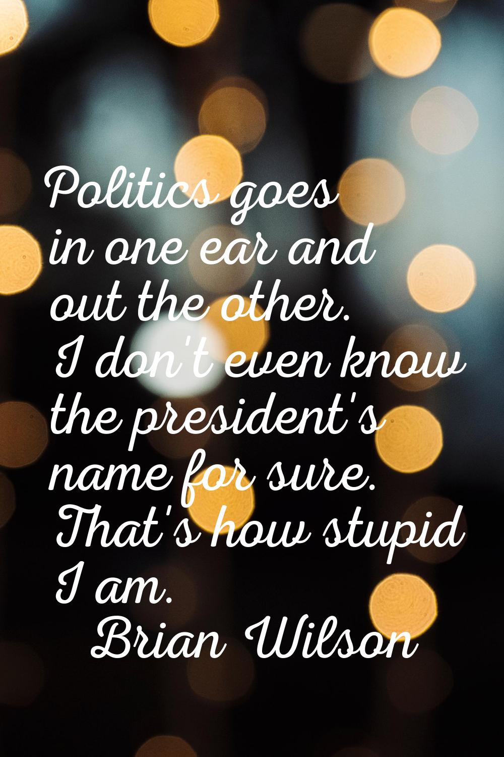 Politics goes in one ear and out the other. I don't even know the president's name for sure. That's
