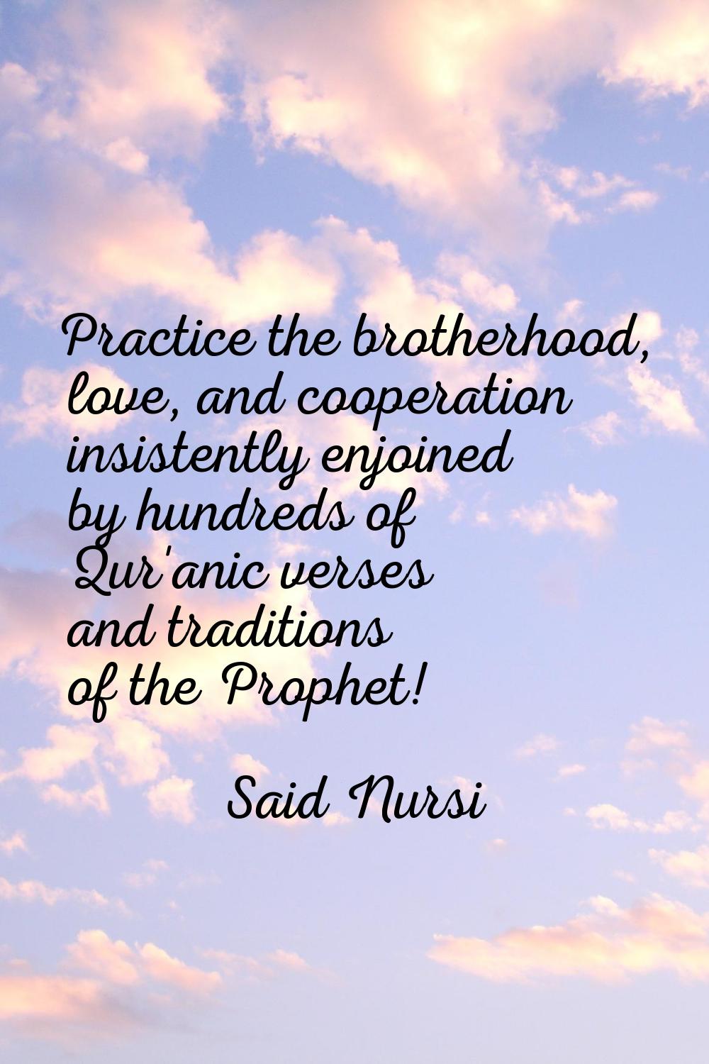 Practice the brotherhood, love, and cooperation insistently enjoined by hundreds of Qur'anic verses