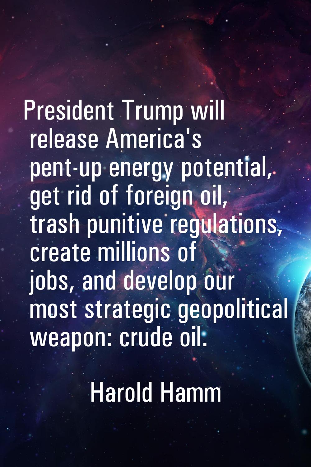 President Trump will release America's pent-up energy potential, get rid of foreign oil, trash puni