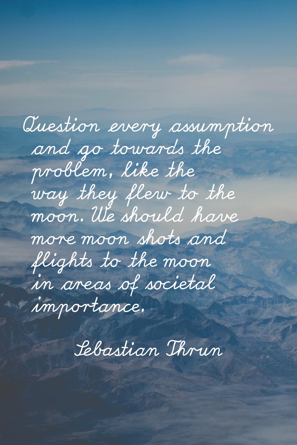 Question every assumption and go towards the problem, like the way they flew to the moon. We should