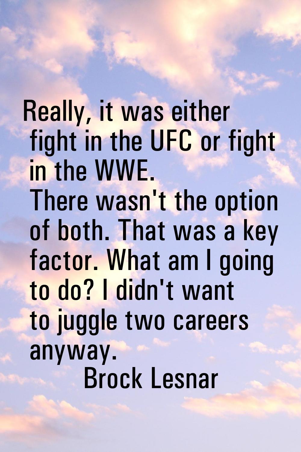 Really, it was either fight in the UFC or fight in the WWE. There wasn't the option of both. That w