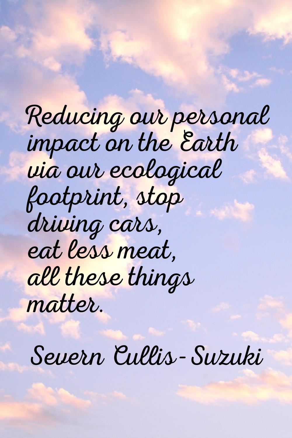 Reducing our personal impact on the Earth via our ecological footprint, stop driving cars, eat less
