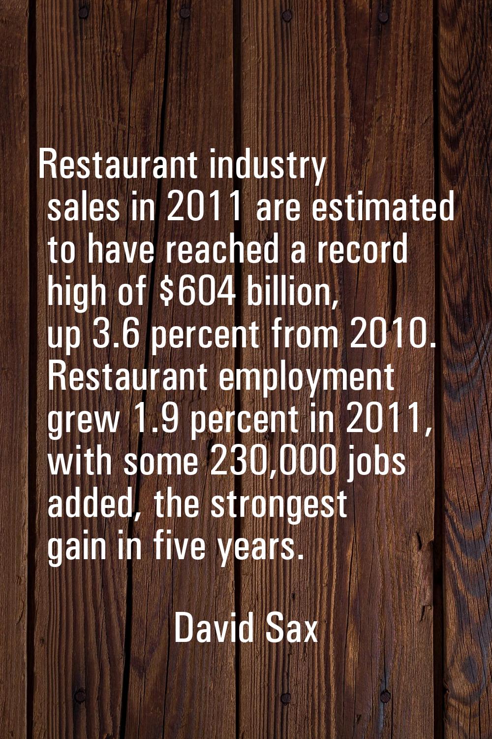 Restaurant industry sales in 2011 are estimated to have reached a record high of $604 billion, up 3