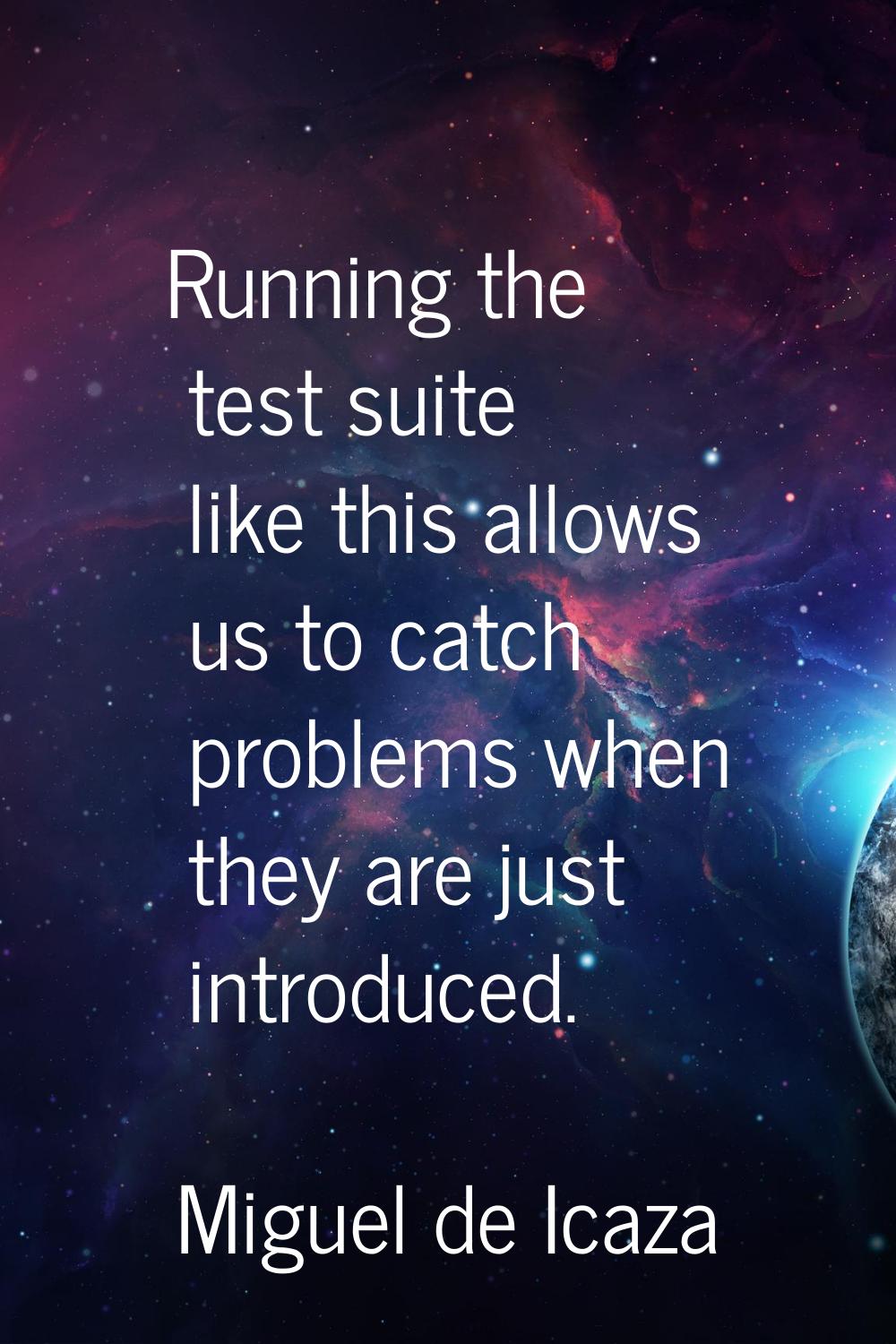 Running the test suite like this allows us to catch problems when they are just introduced.
