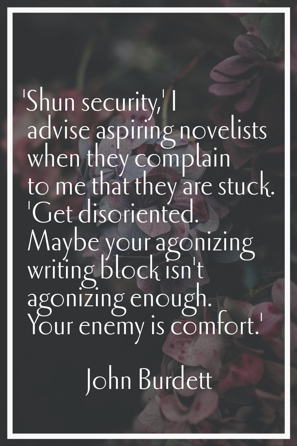 'Shun security,' I advise aspiring novelists when they complain to me that they are stuck. 'Get dis