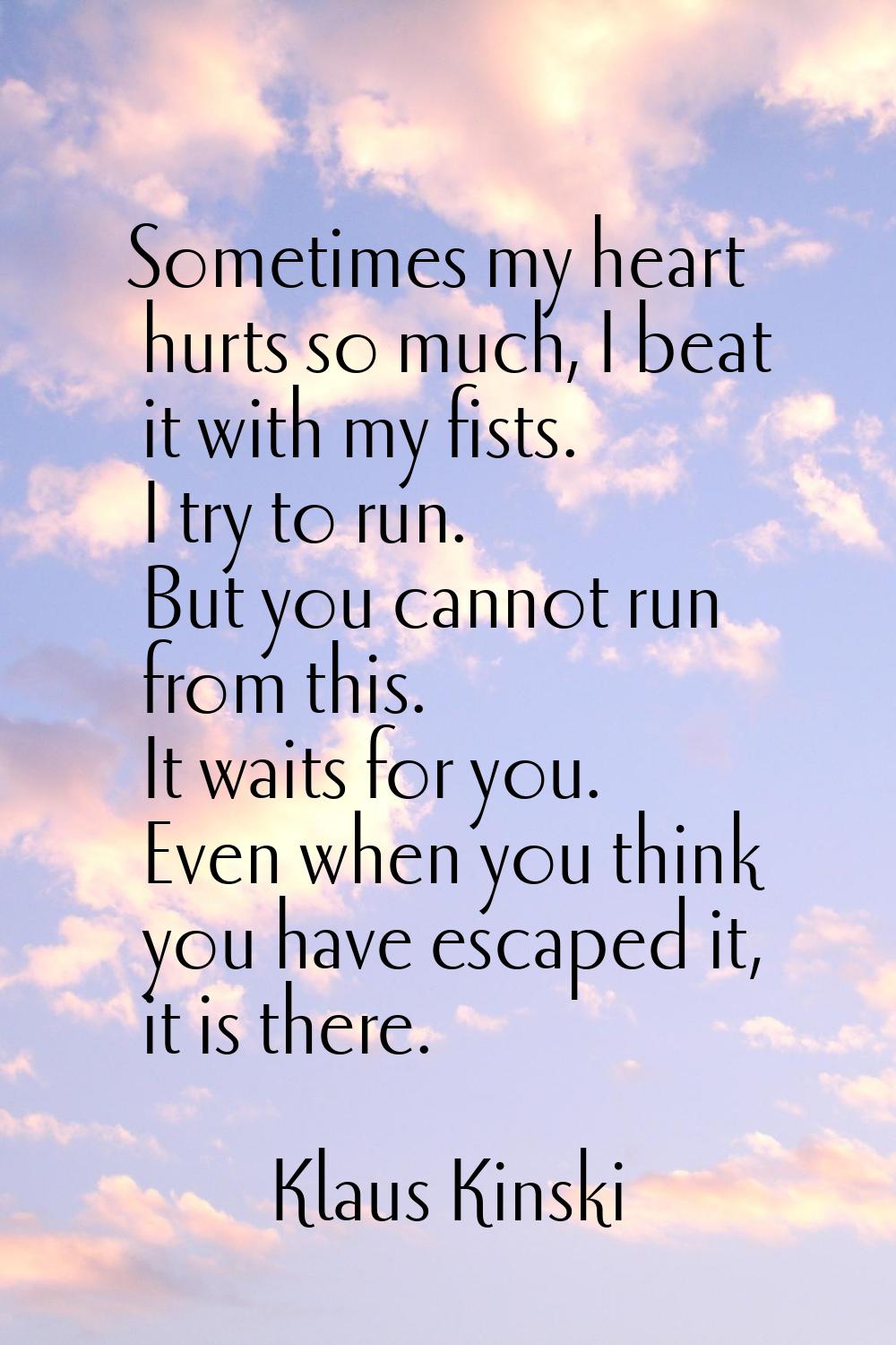 Sometimes my heart hurts so much, I beat it with my fists. I try to run. But you cannot run from th