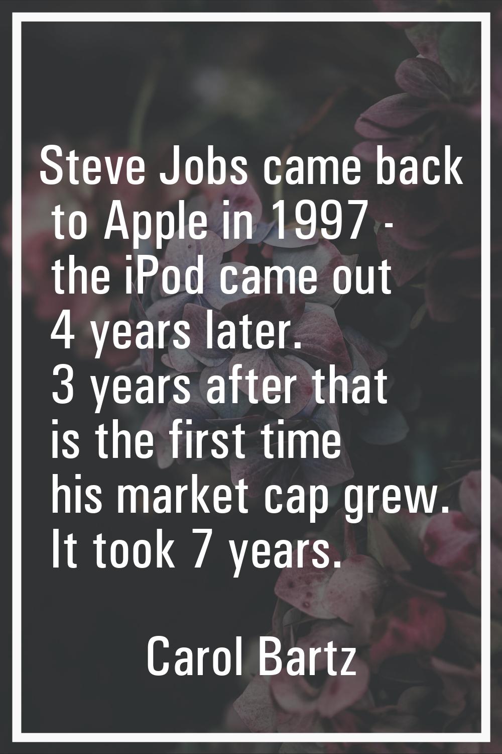 Steve Jobs came back to Apple in 1997 - the iPod came out 4 years later. 3 years after that is the 