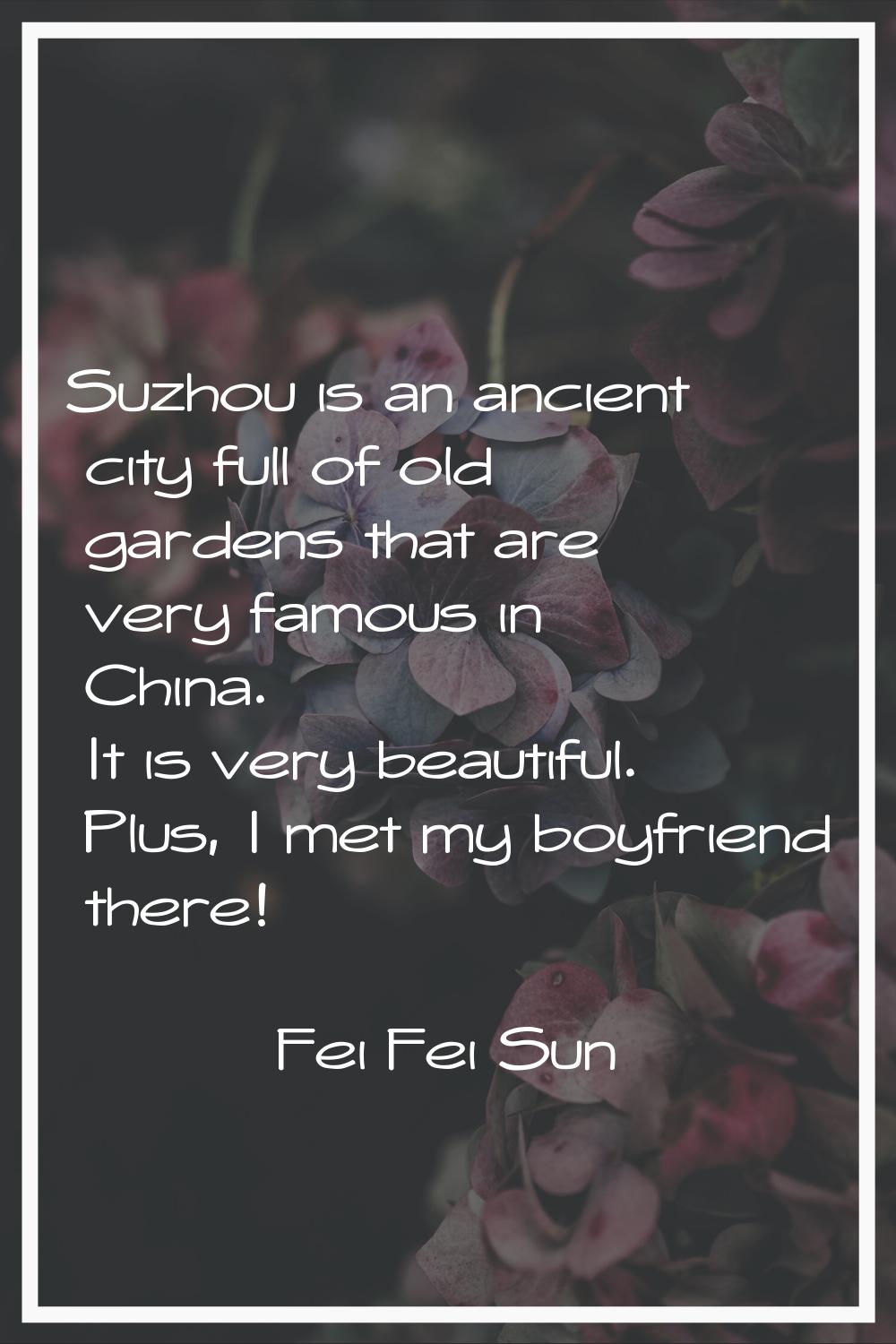 Suzhou is an ancient city full of old gardens that are very famous in China. It is very beautiful. 