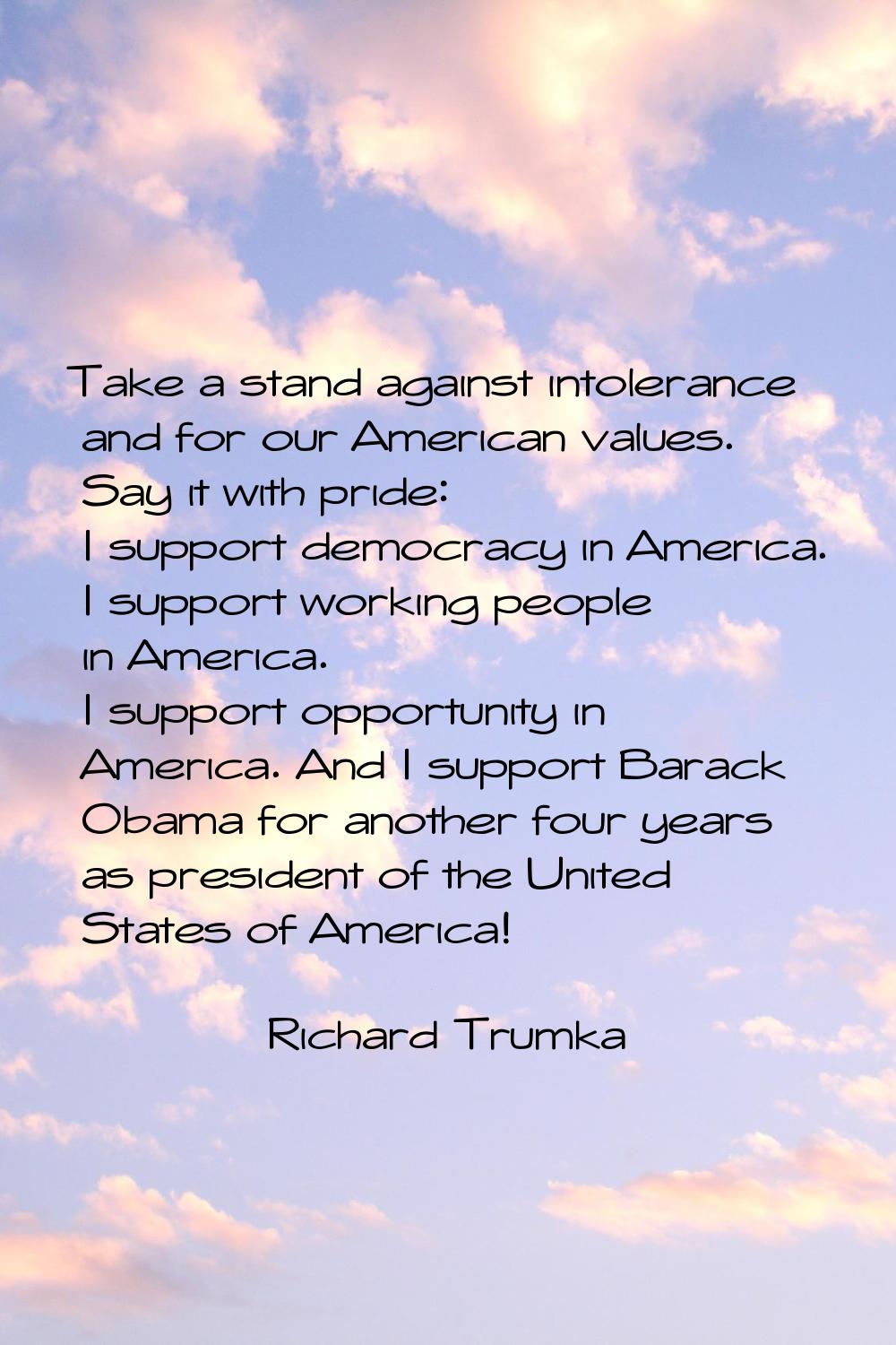 Take a stand against intolerance and for our American values. Say it with pride: I support democrac