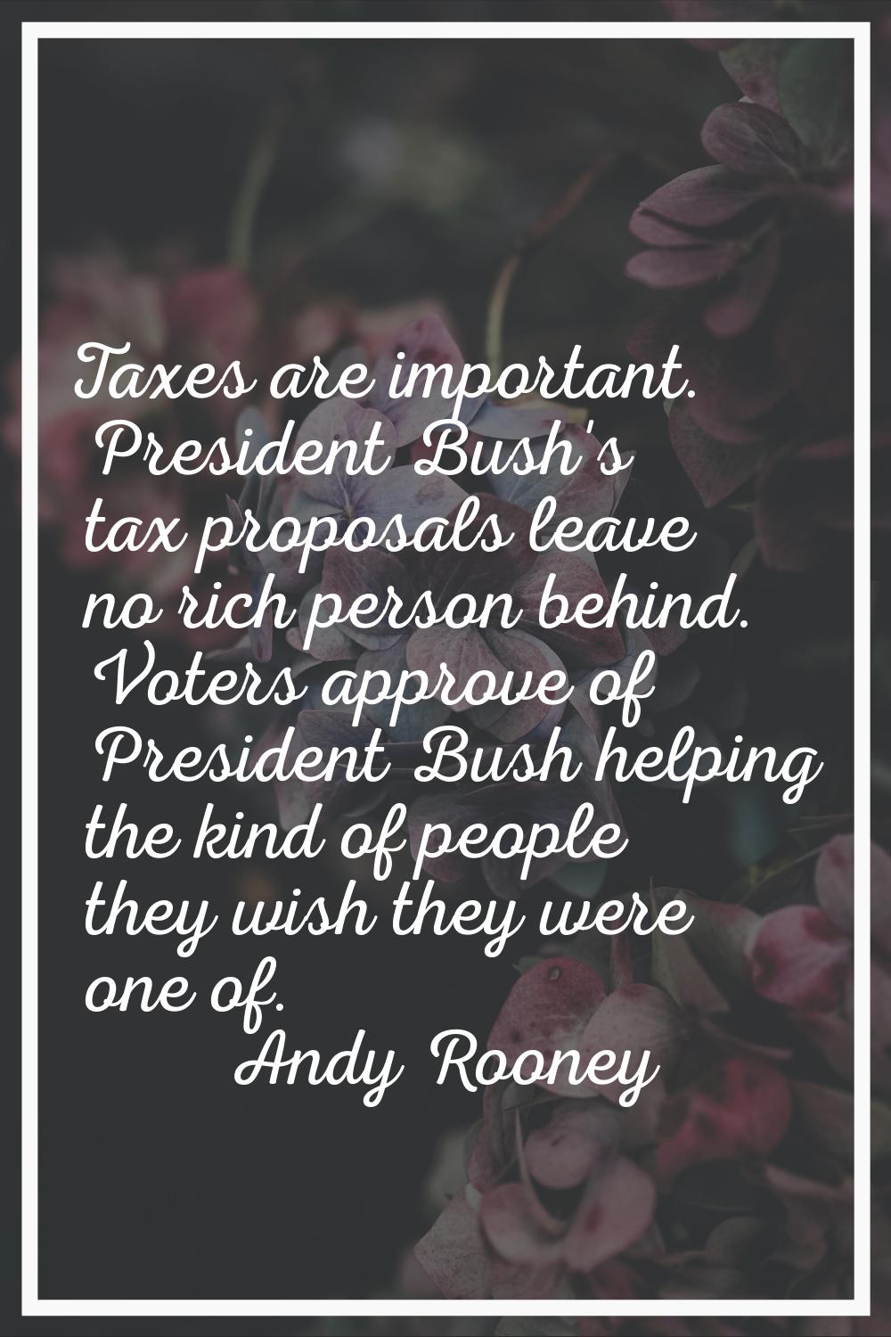 Taxes are important. President Bush's tax proposals leave no rich person behind. Voters approve of 