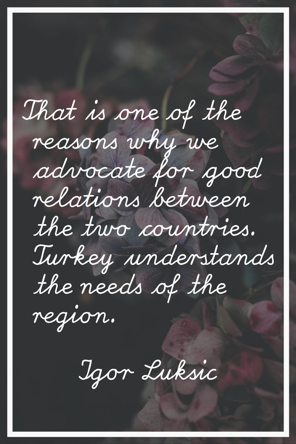 That is one of the reasons why we advocate for good relations between the two countries. Turkey und