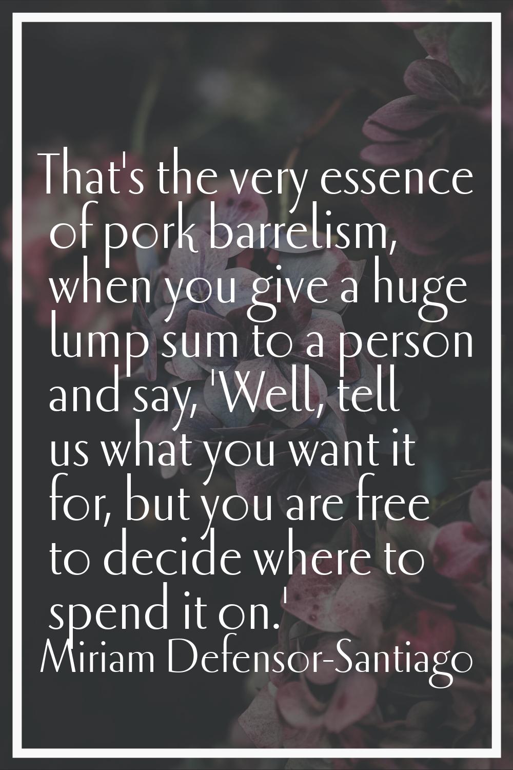 That's the very essence of pork barrelism, when you give a huge lump sum to a person and say, 'Well