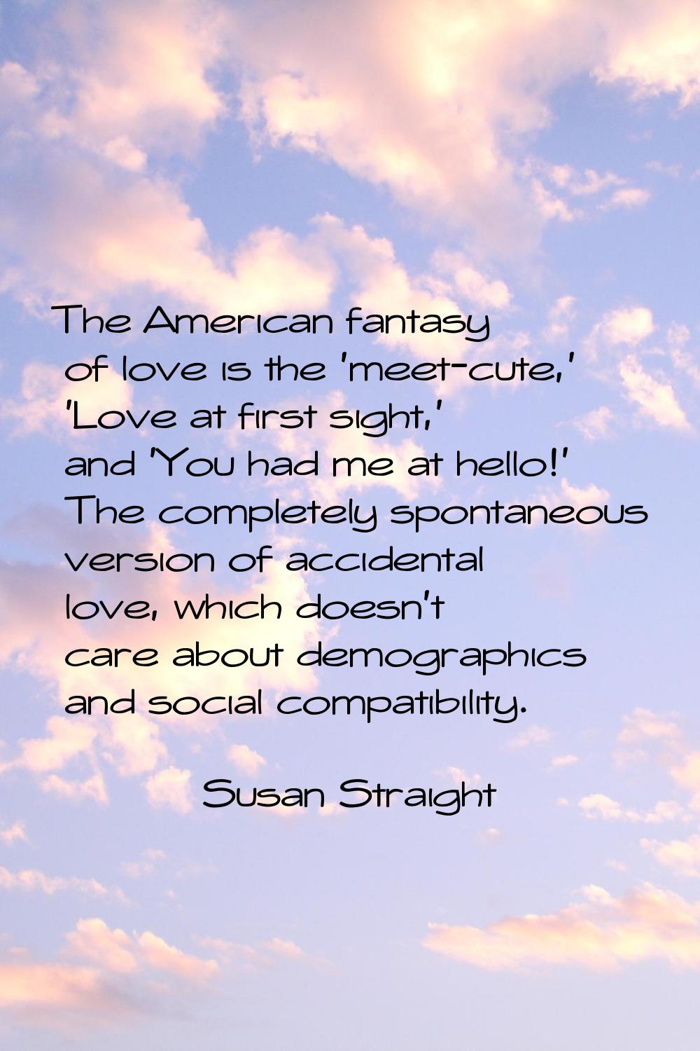 The American fantasy of love is the 'meet-cute,' 'Love at first sight,' and 'You had me at hello!' 