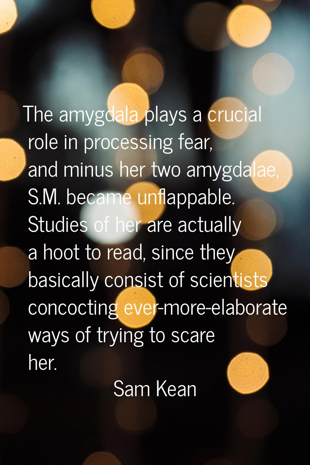 The amygdala plays a crucial role in processing fear, and minus her two amygdalae, S.M. became unfl