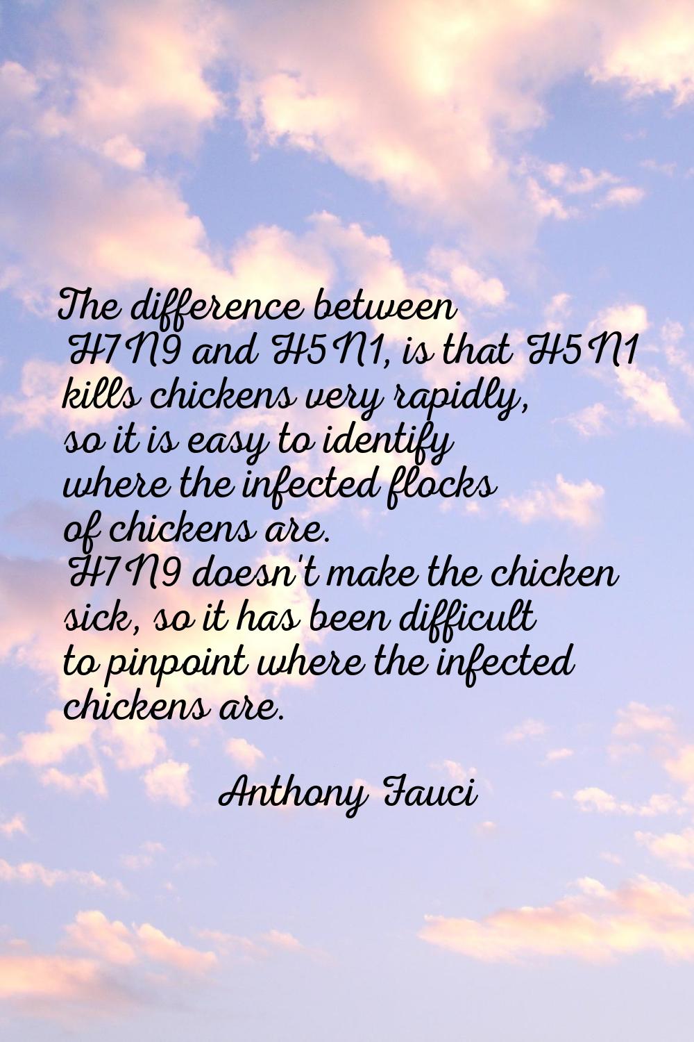The difference between H7N9 and H5N1, is that H5N1 kills chickens very rapidly, so it is easy to id