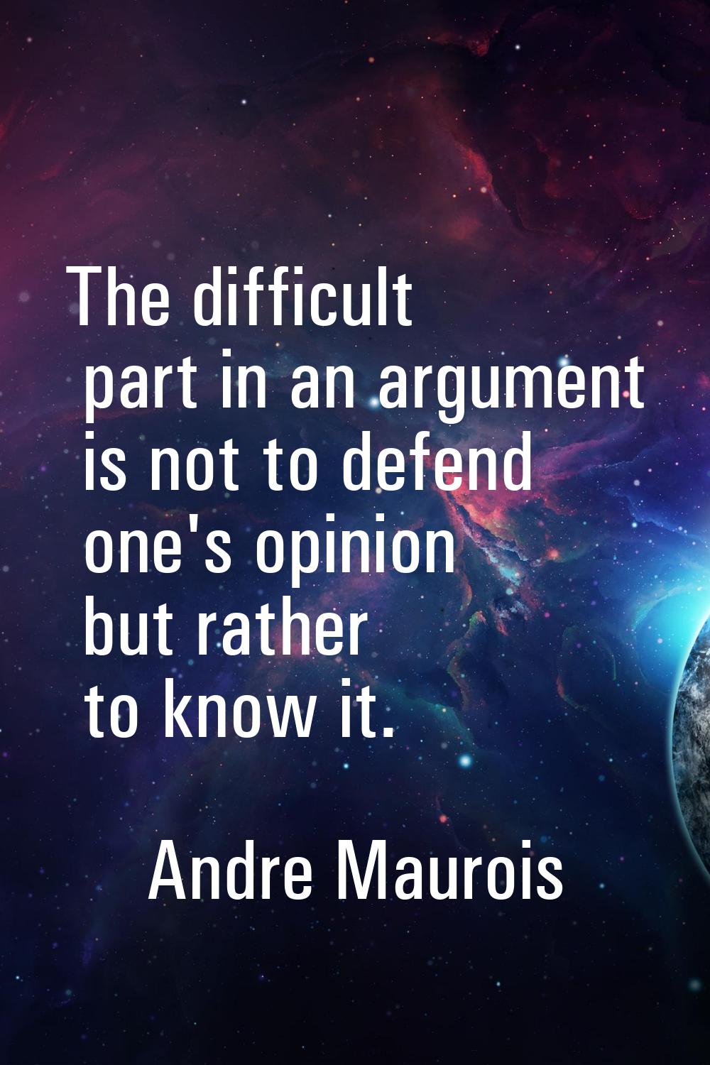 The difficult part in an argument is not to defend one's opinion but rather to know it.