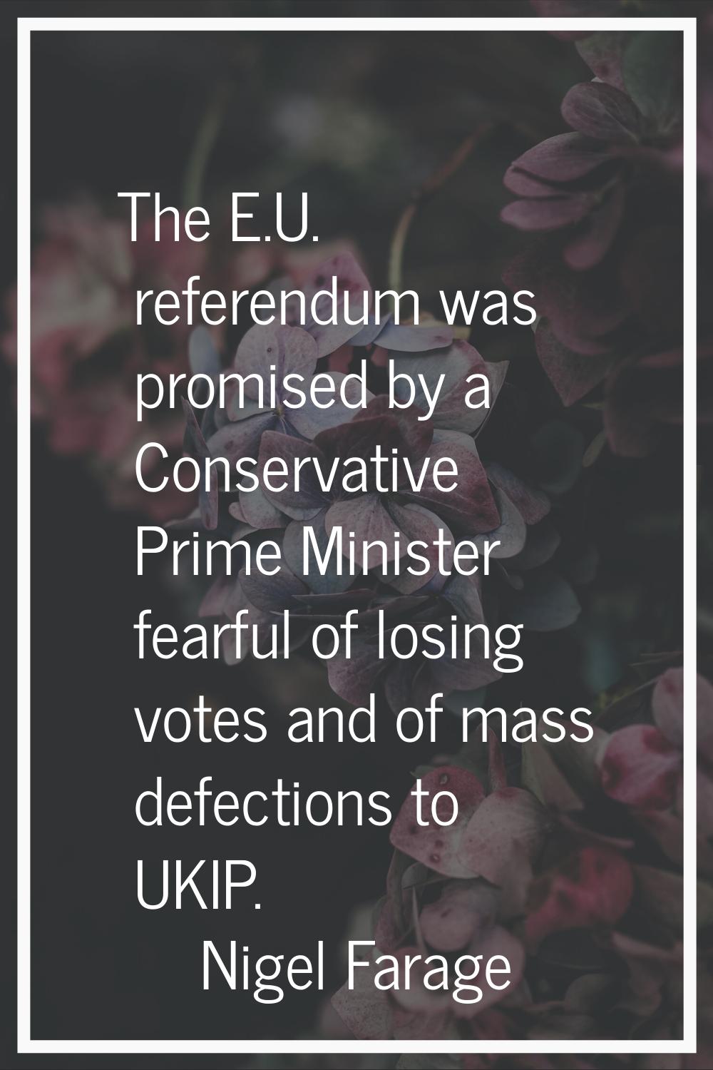 The E.U. referendum was promised by a Conservative Prime Minister fearful of losing votes and of ma