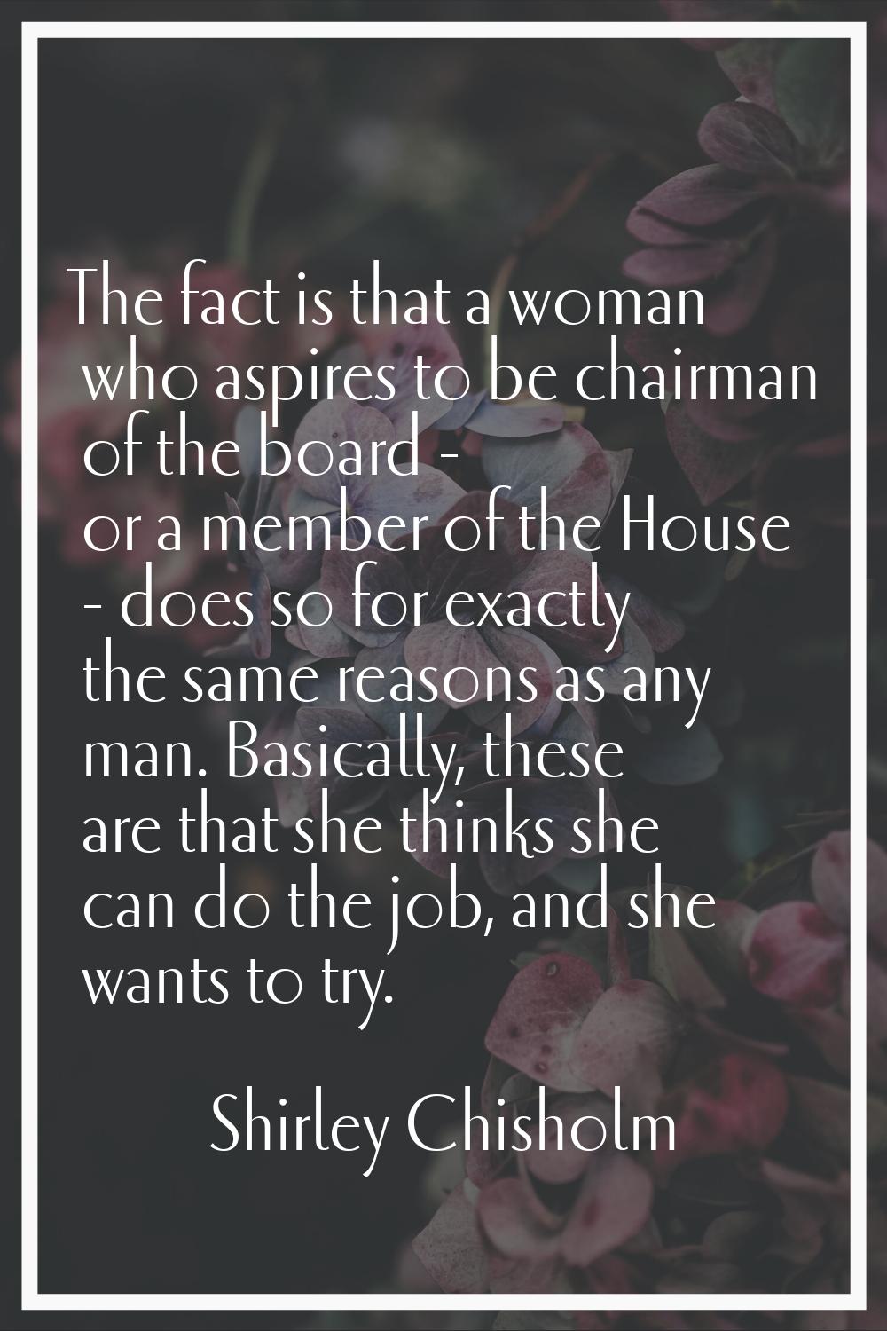The fact is that a woman who aspires to be chairman of the board - or a member of the House - does 