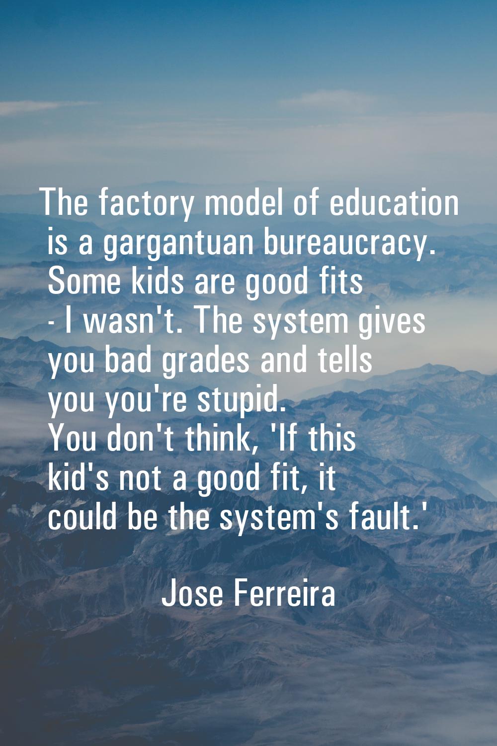 The factory model of education is a gargantuan bureaucracy. Some kids are good fits - I wasn't. The