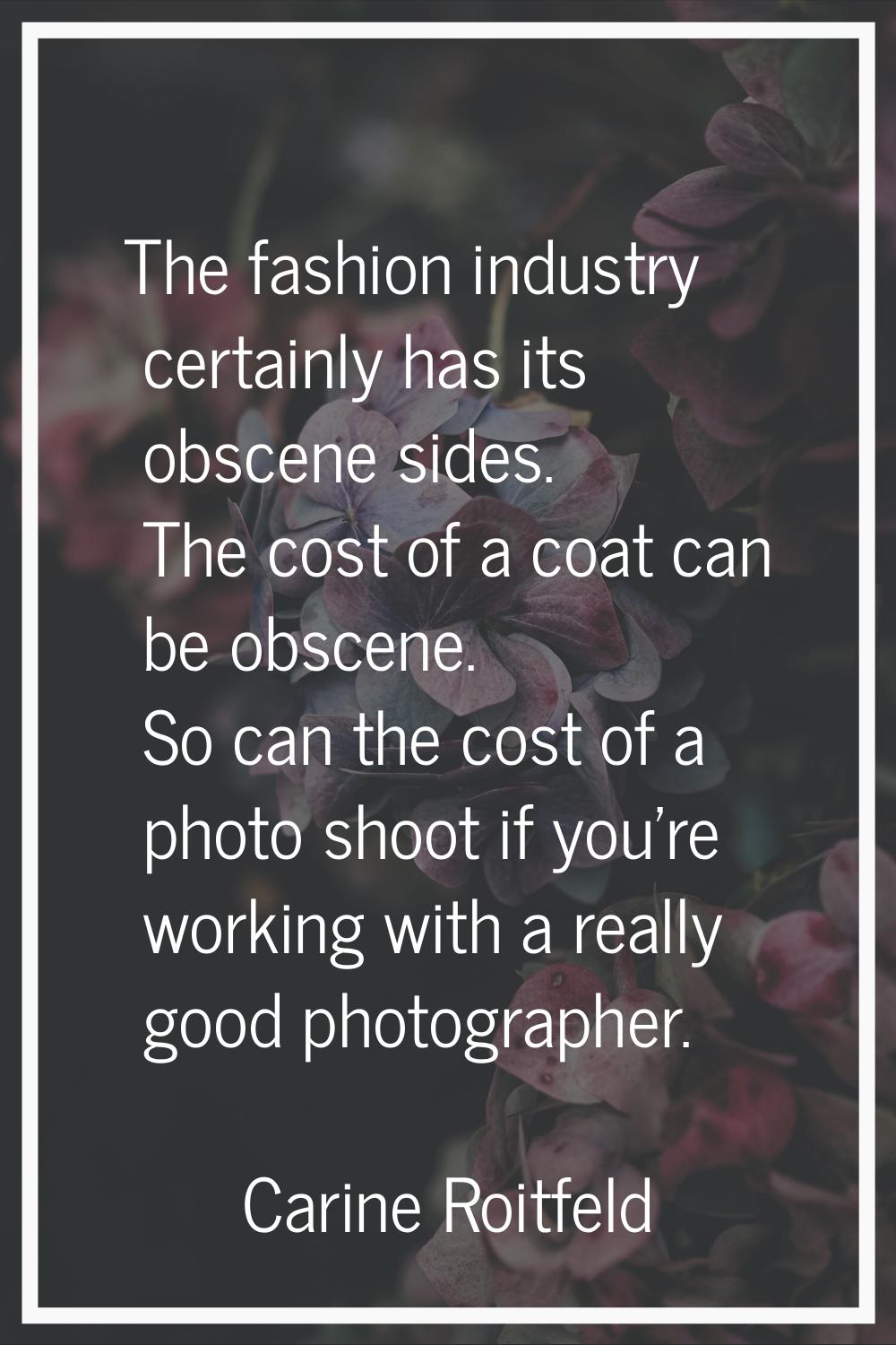 The fashion industry certainly has its obscene sides. The cost of a coat can be obscene. So can the