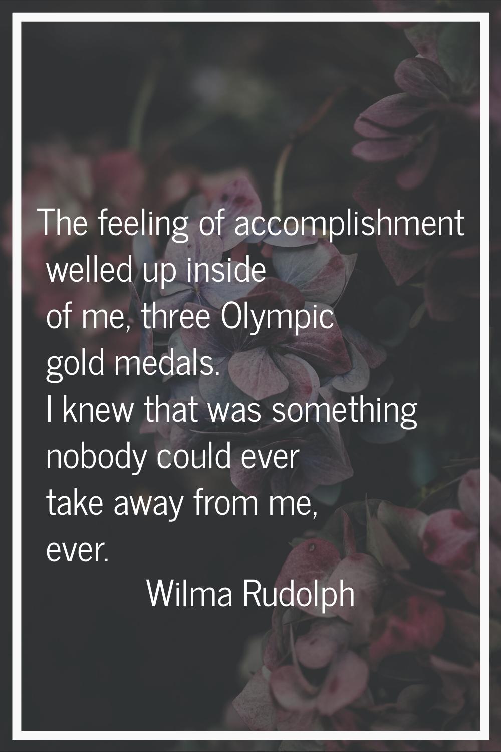 The feeling of accomplishment welled up inside of me, three Olympic gold medals. I knew that was so
