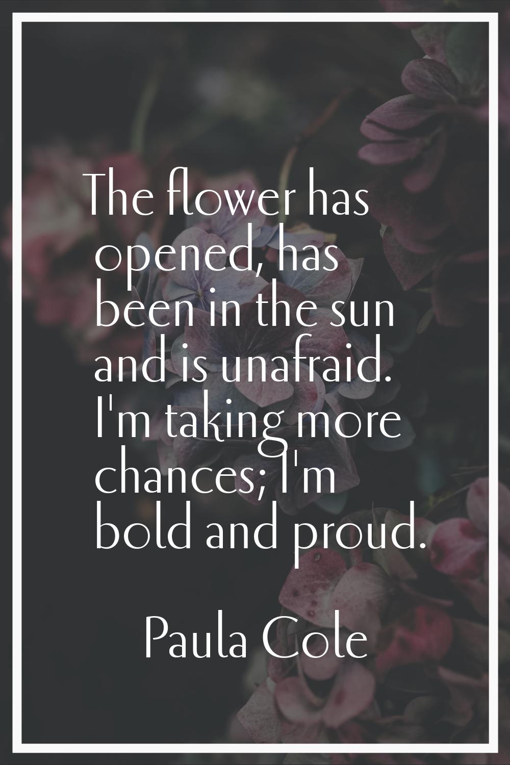 The flower has opened, has been in the sun and is unafraid. I'm taking more chances; I'm bold and p