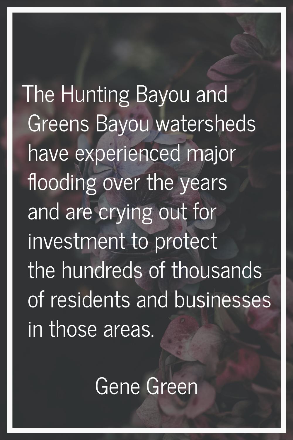 The Hunting Bayou and Greens Bayou watersheds have experienced major flooding over the years and ar