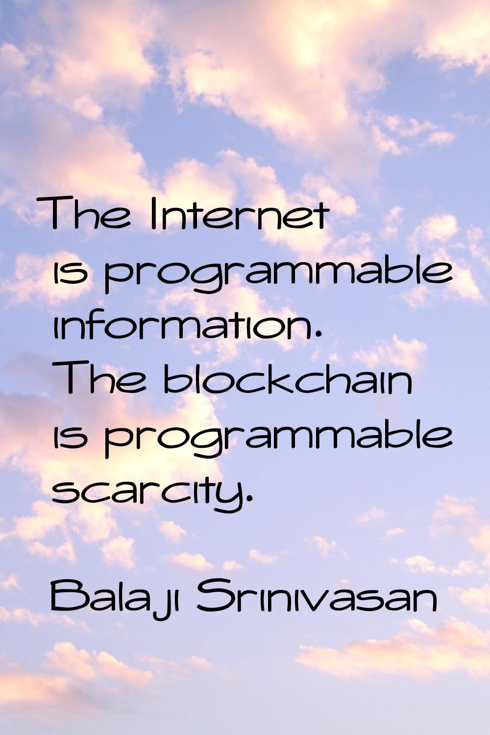 The Internet is programmable information. The blockchain is programmable scarcity.