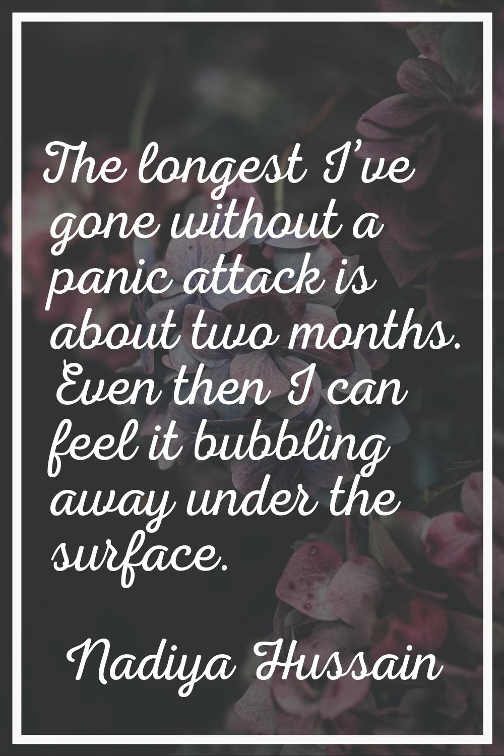 The longest I’ve gone without a panic attack is about two months. Even then I can feel it bubbling 