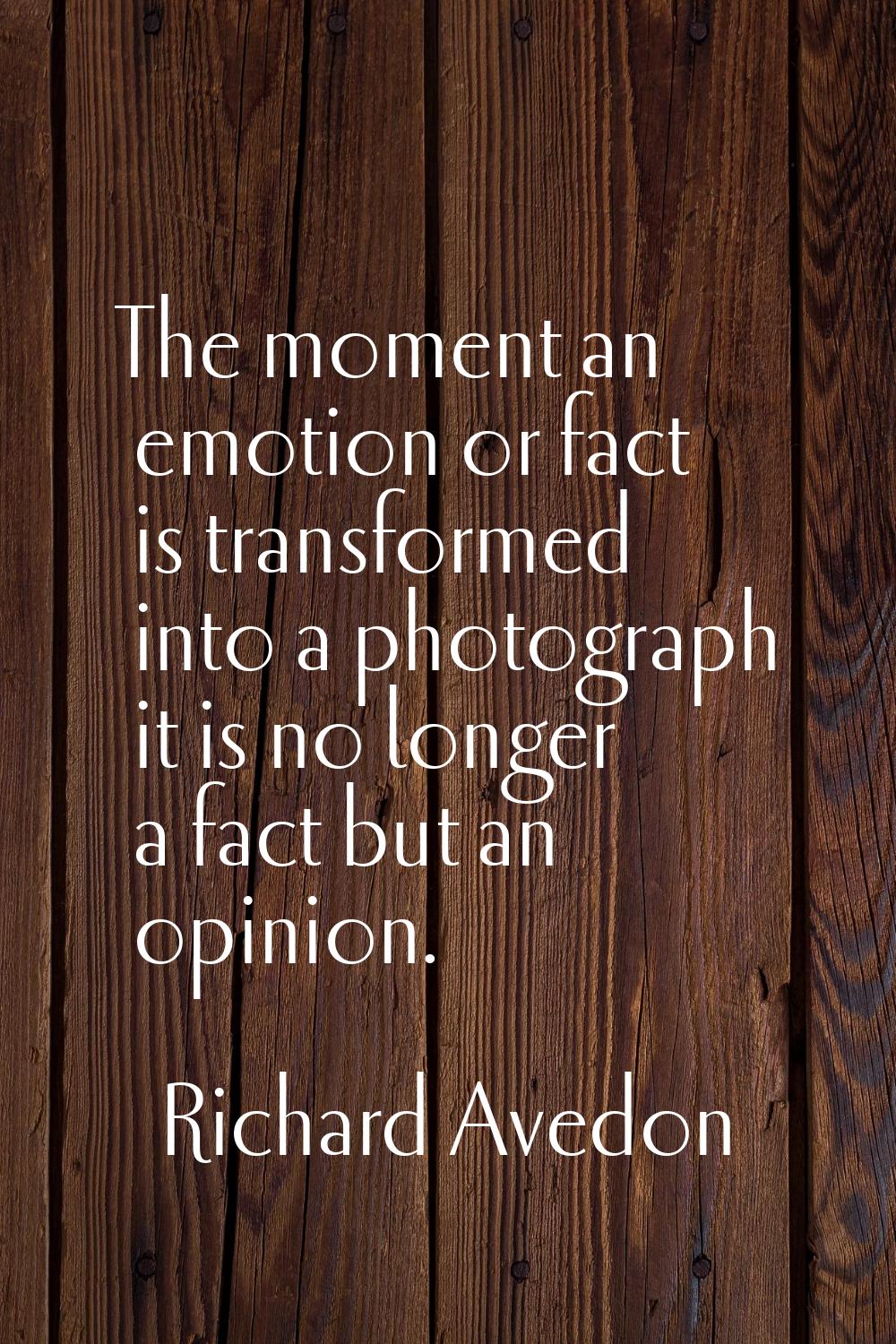 The moment an emotion or fact is transformed into a photograph it is no longer a fact but an opinio