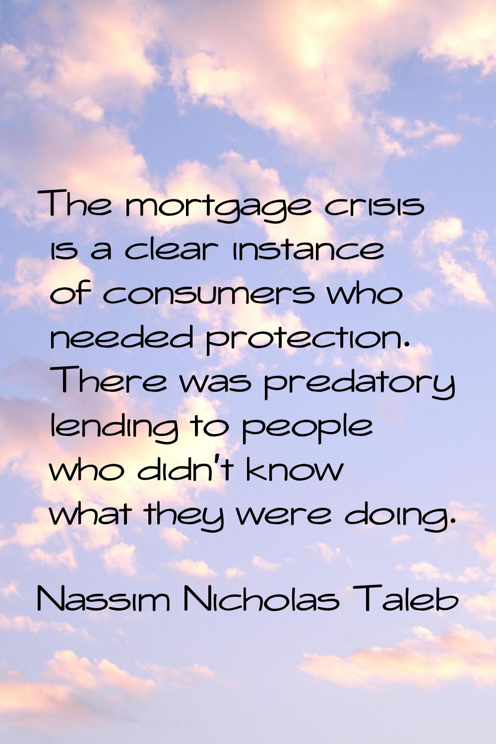The mortgage crisis is a clear instance of consumers who needed protection. There was predatory len