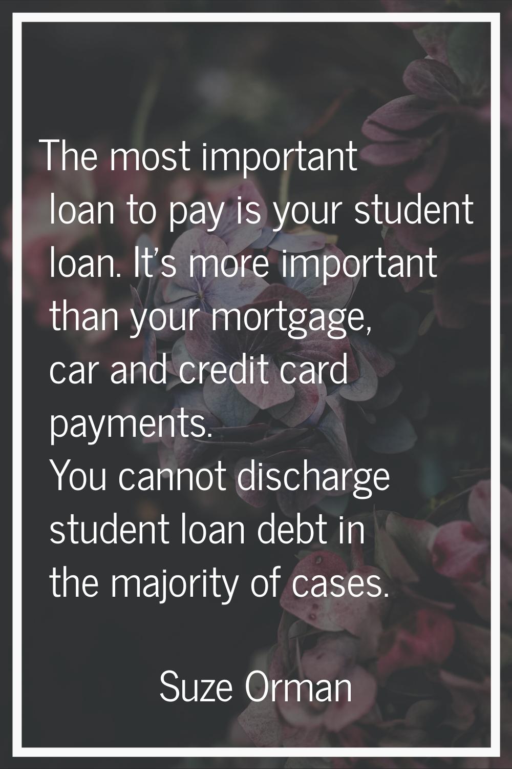 The most important loan to pay is your student loan. It's more important than your mortgage, car an