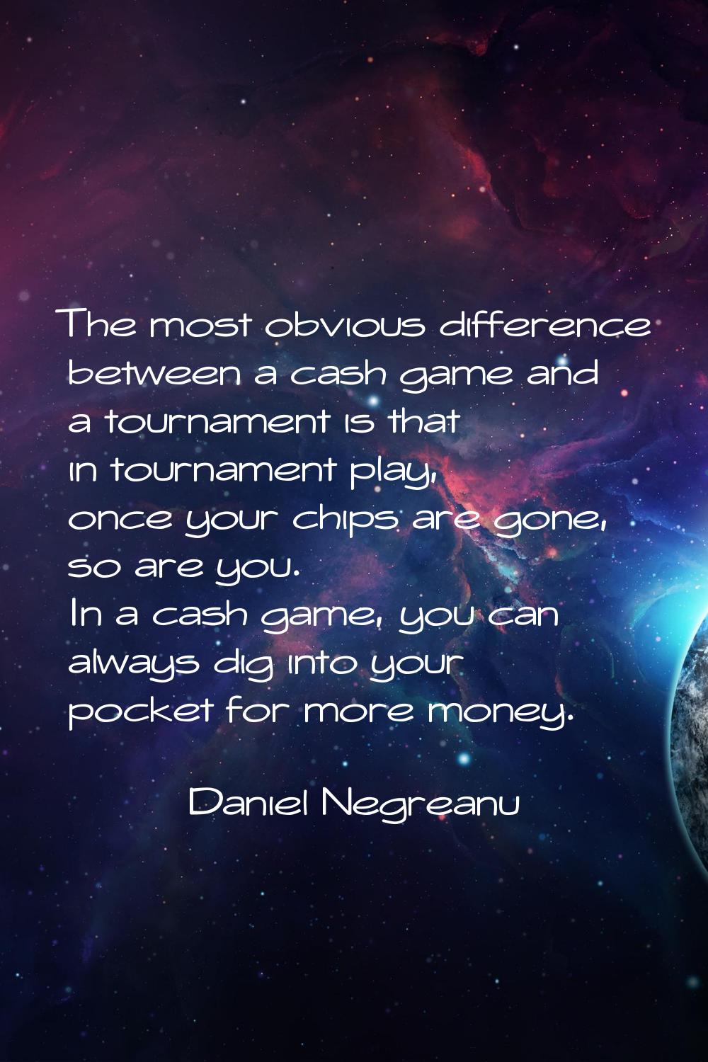 The most obvious difference between a cash game and a tournament is that in tournament play, once y