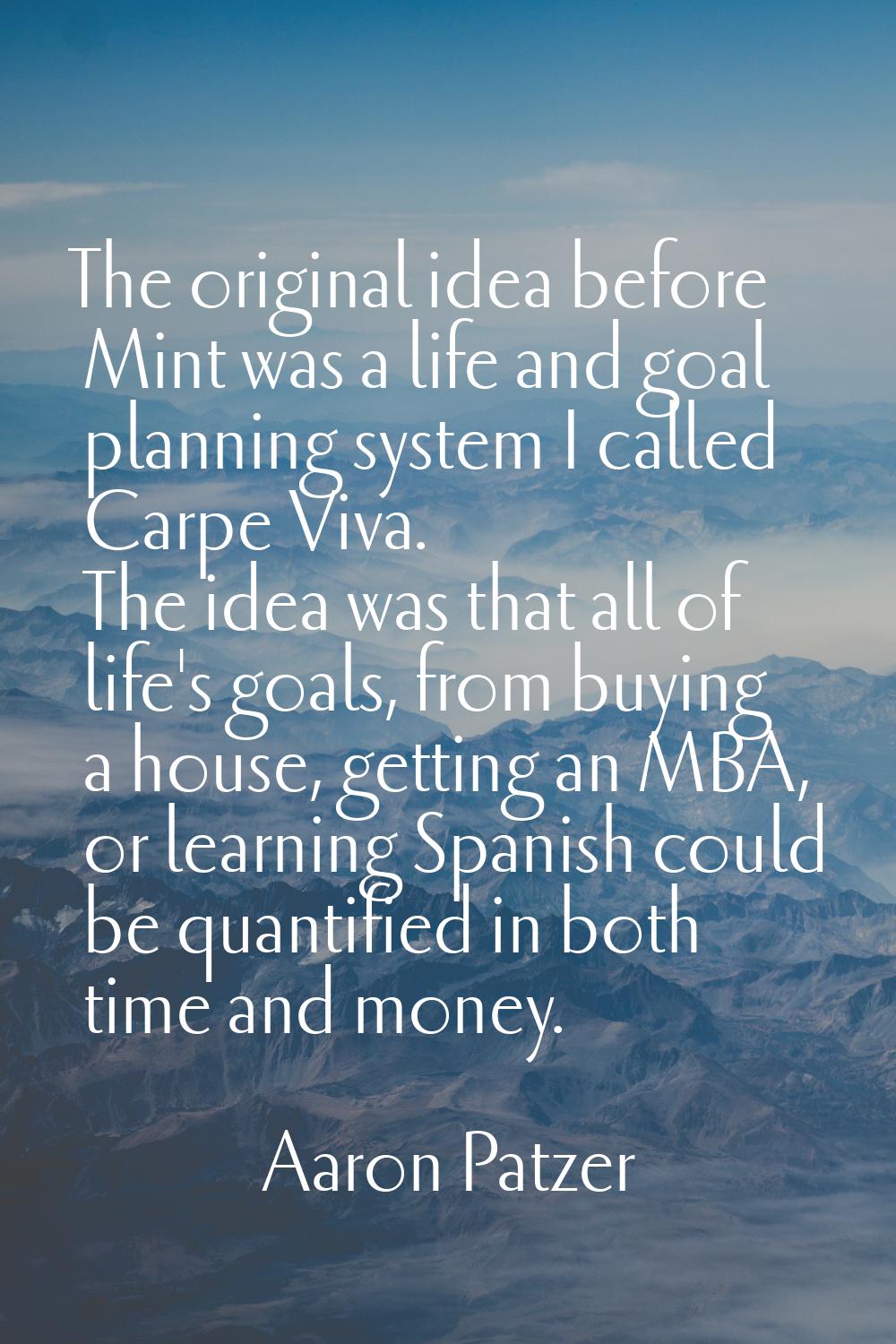 The original idea before Mint was a life and goal planning system I called Carpe Viva. The idea was