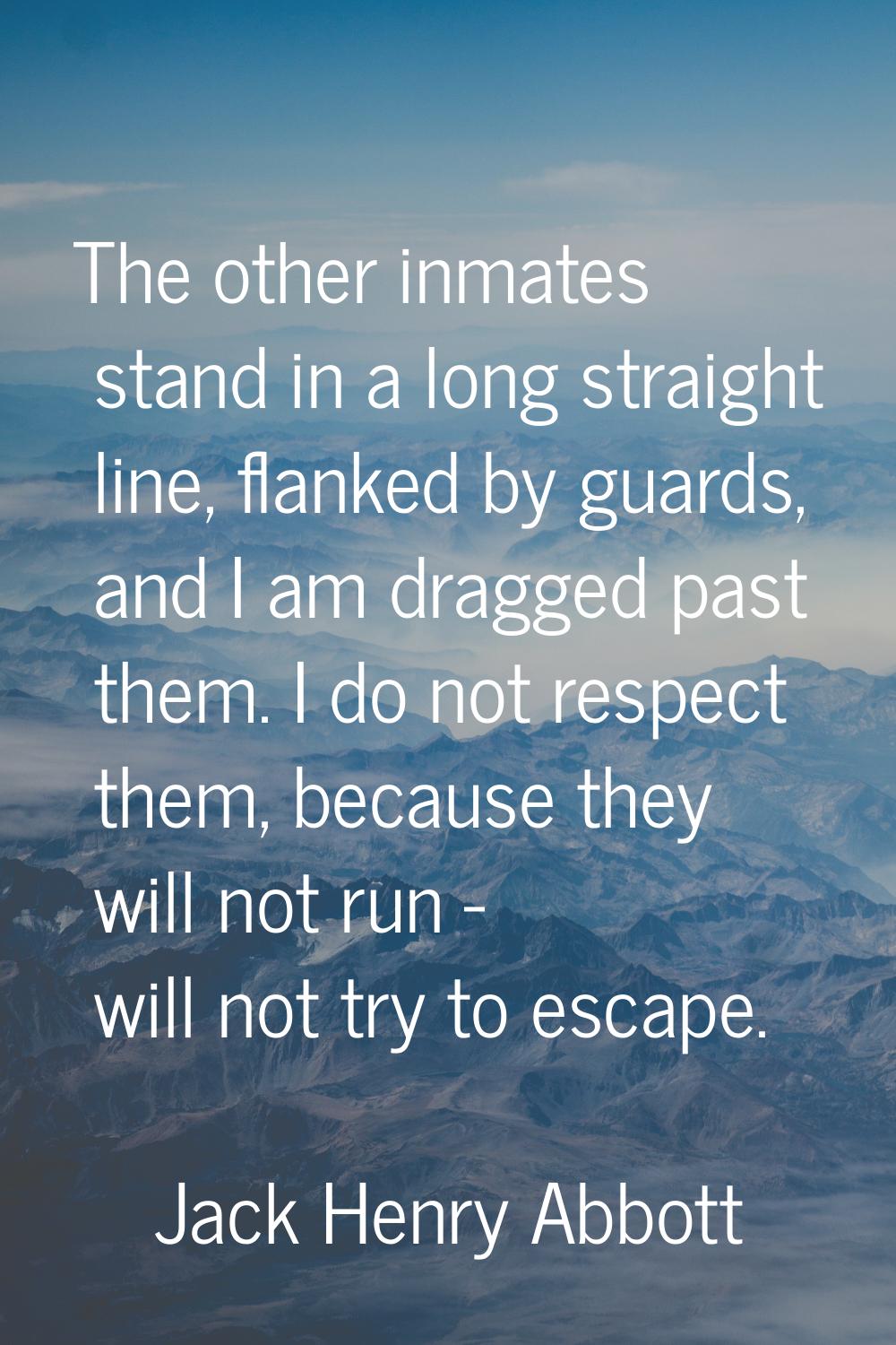 The other inmates stand in a long straight line, flanked by guards, and I am dragged past them. I d