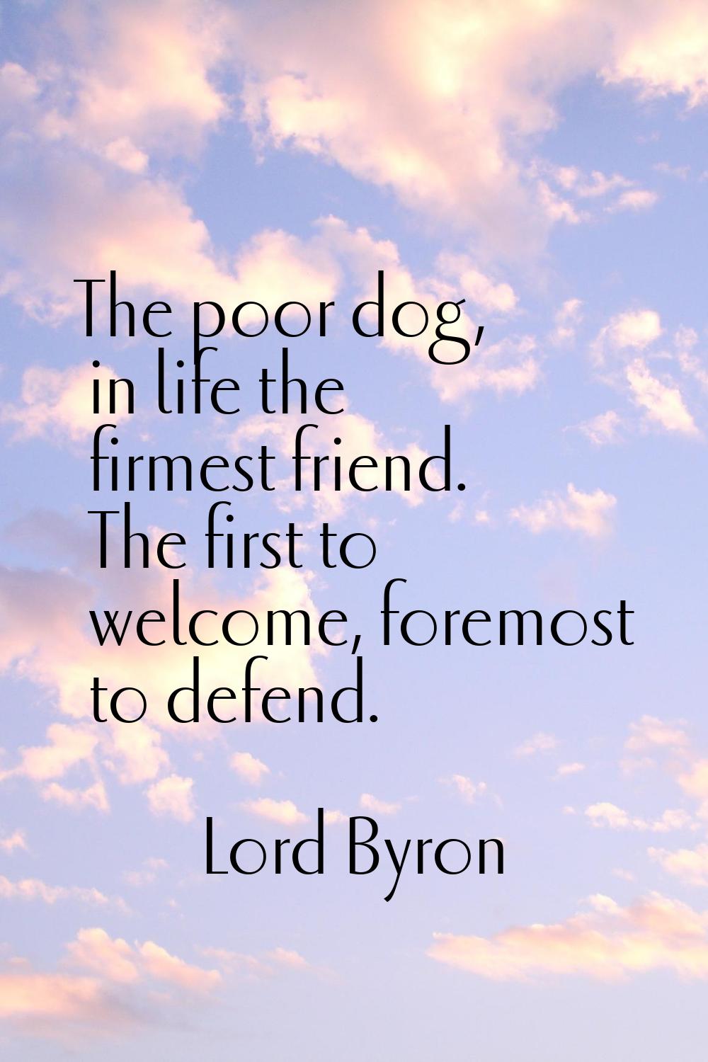 The poor dog, in life the firmest friend. The first to welcome, foremost to defend.
