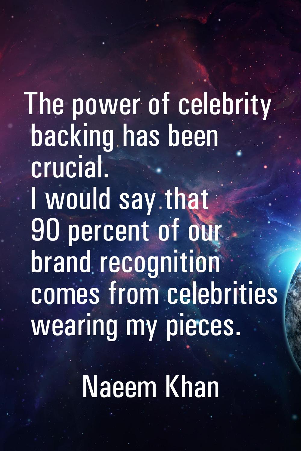 The power of celebrity backing has been crucial. I would say that 90 percent of our brand recogniti