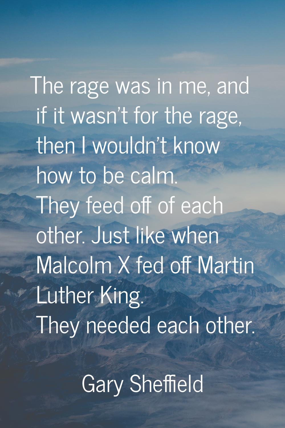 The rage was in me, and if it wasn't for the rage, then I wouldn't know how to be calm. They feed o