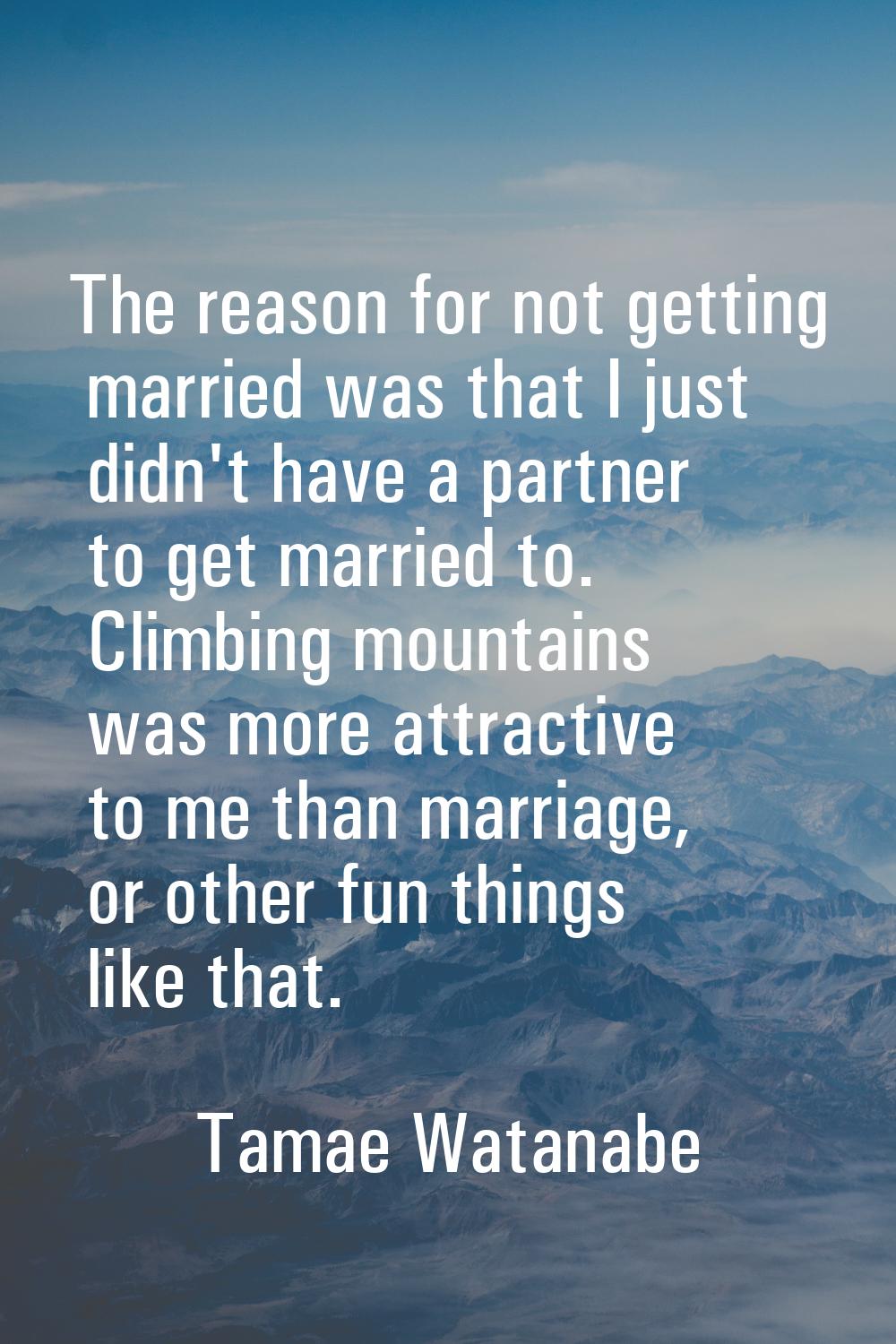 The reason for not getting married was that I just didn't have a partner to get married to. Climbin