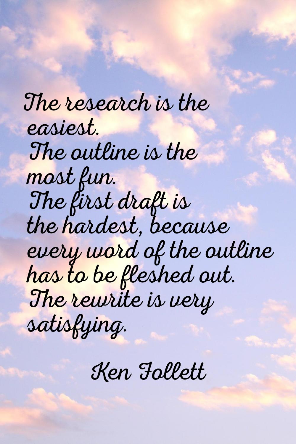 The research is the easiest. The outline is the most fun. The first draft is the hardest, because e