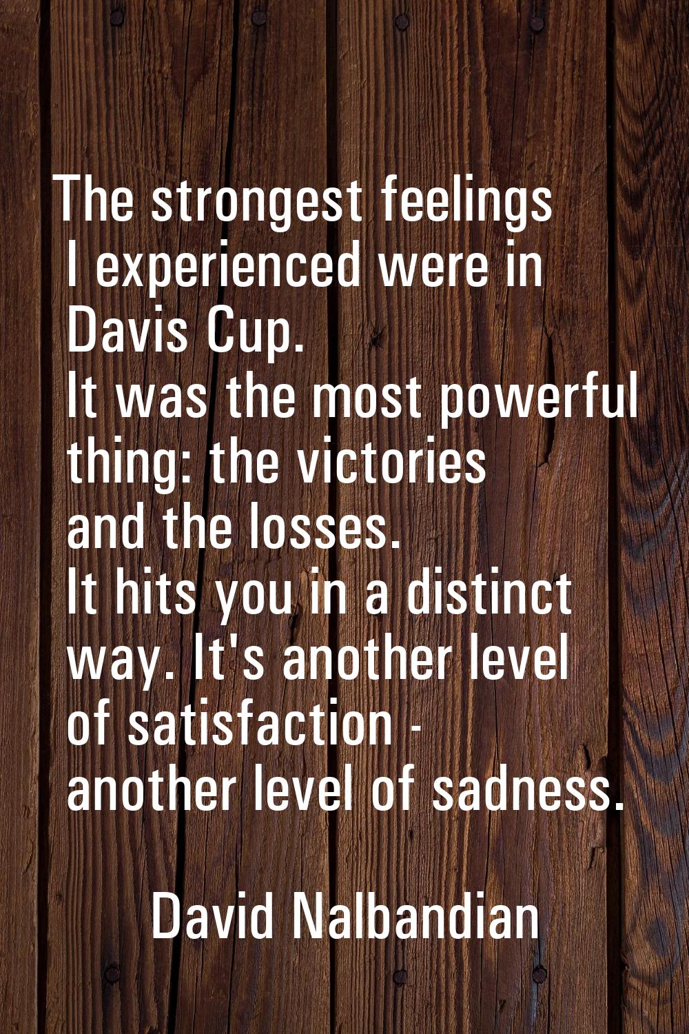 The strongest feelings I experienced were in Davis Cup. It was the most powerful thing: the victori