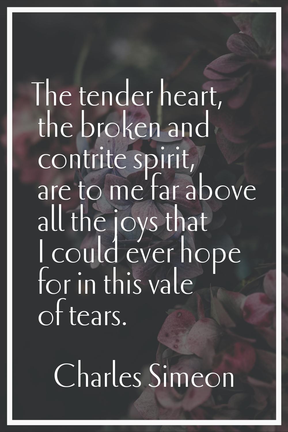 The tender heart, the broken and contrite spirit, are to me far above all the joys that I could eve