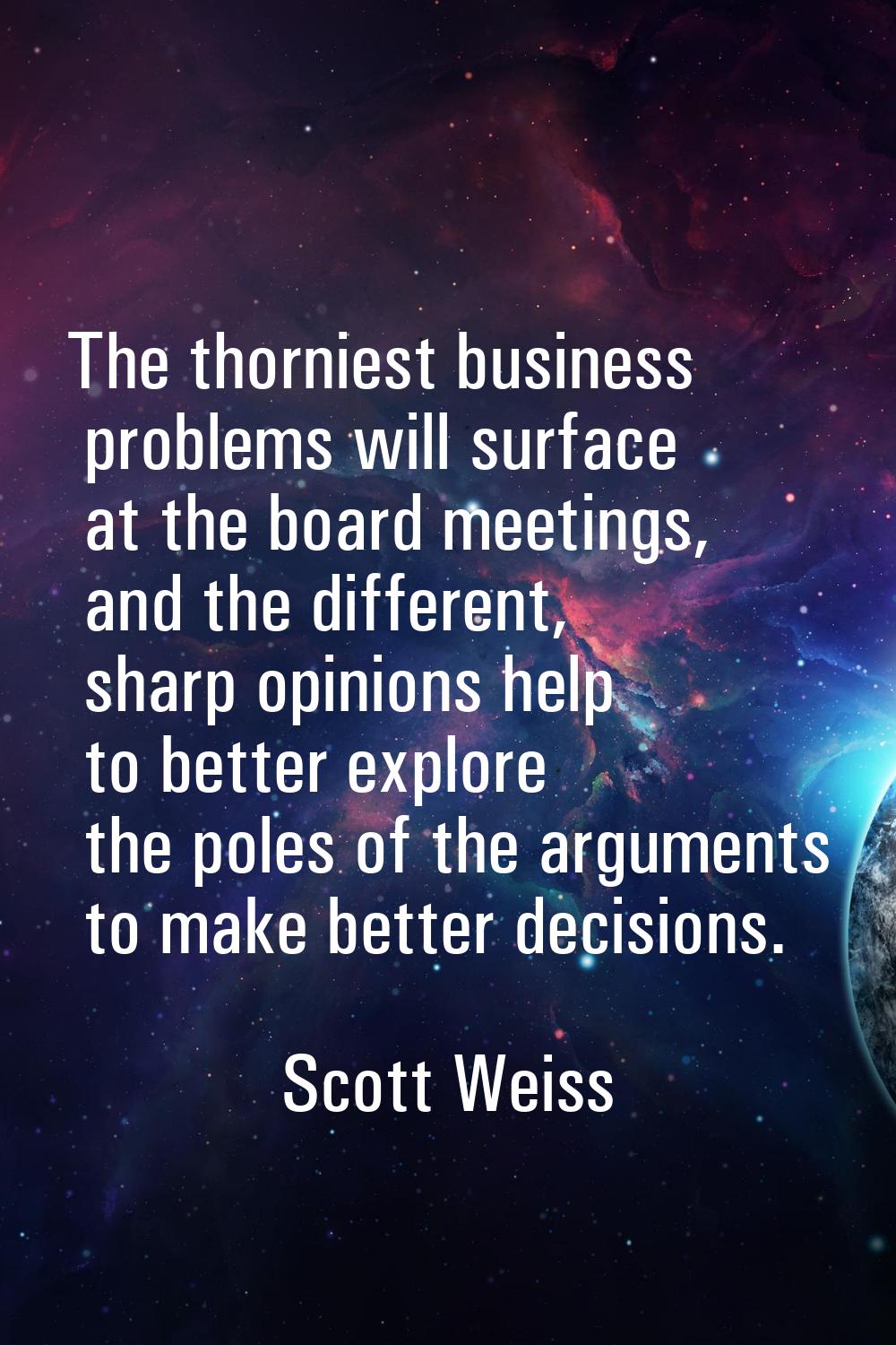 The thorniest business problems will surface at the board meetings, and the different, sharp opinio