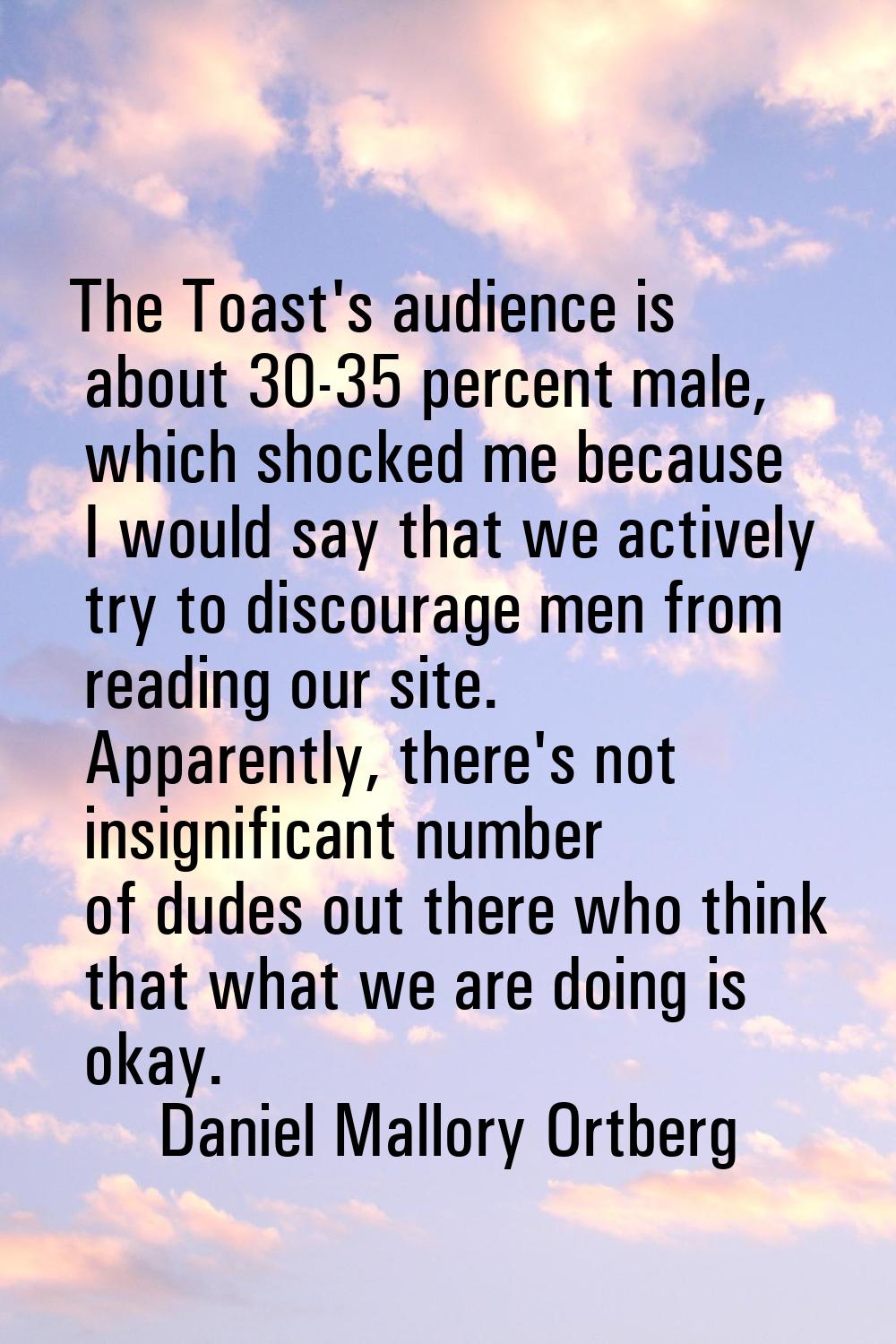 The Toast's audience is about 30-35 percent male, which shocked me because I would say that we acti