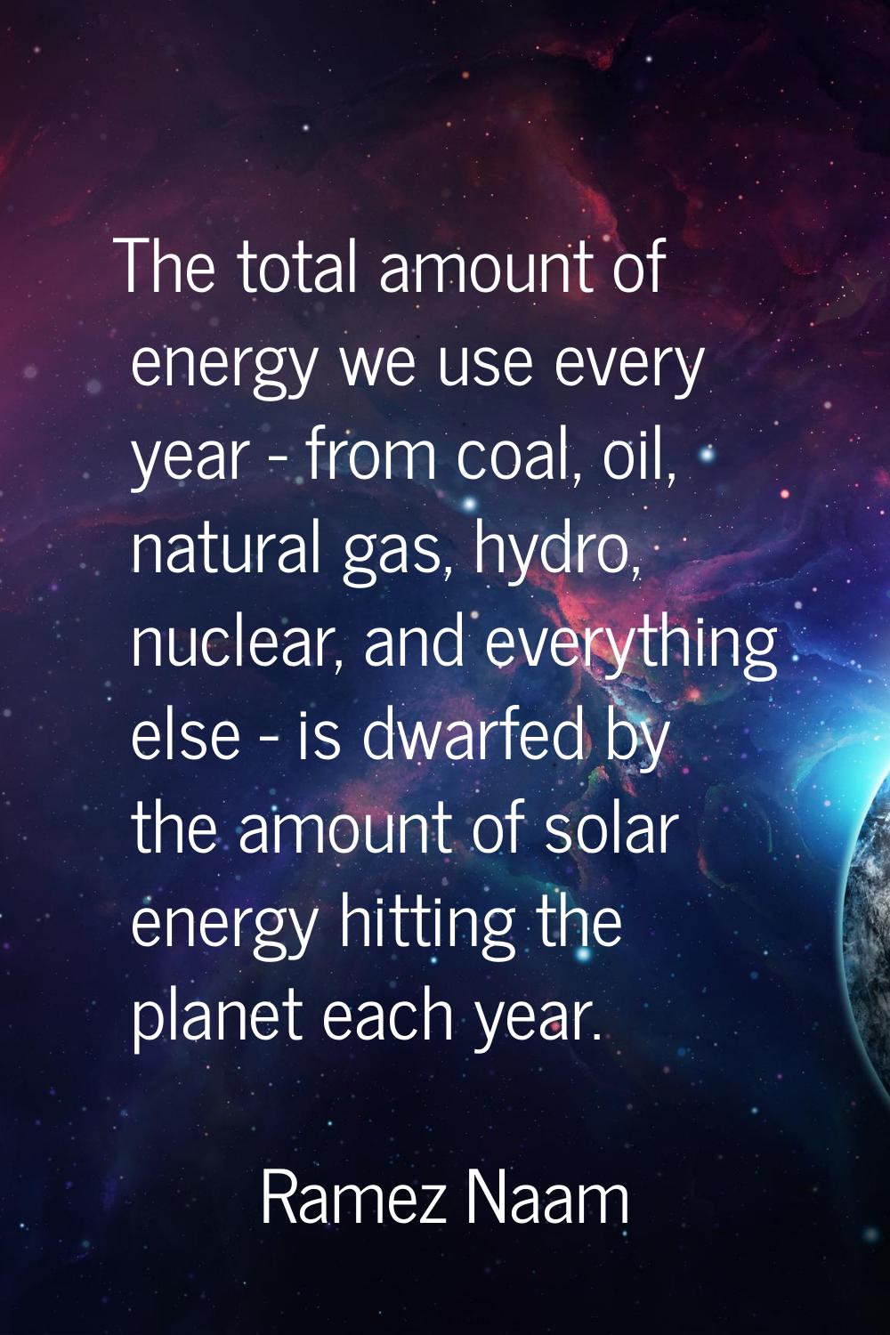 The total amount of energy we use every year - from coal, oil, natural gas, hydro, nuclear, and eve