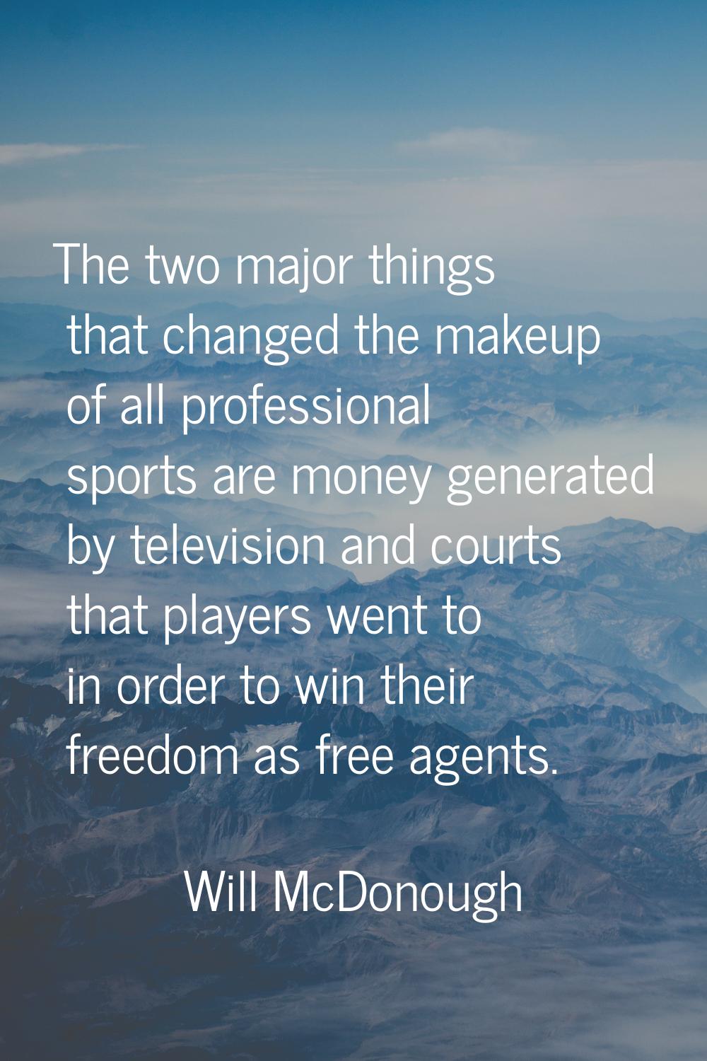 The two major things that changed the makeup of all professional sports are money generated by tele