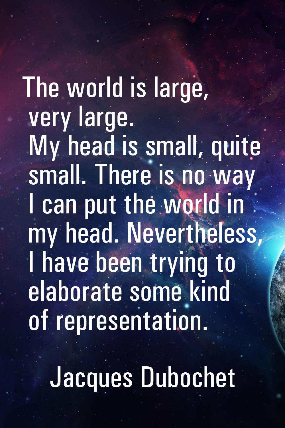 The world is large, very large. My head is small, quite small. There is no way I can put the world 