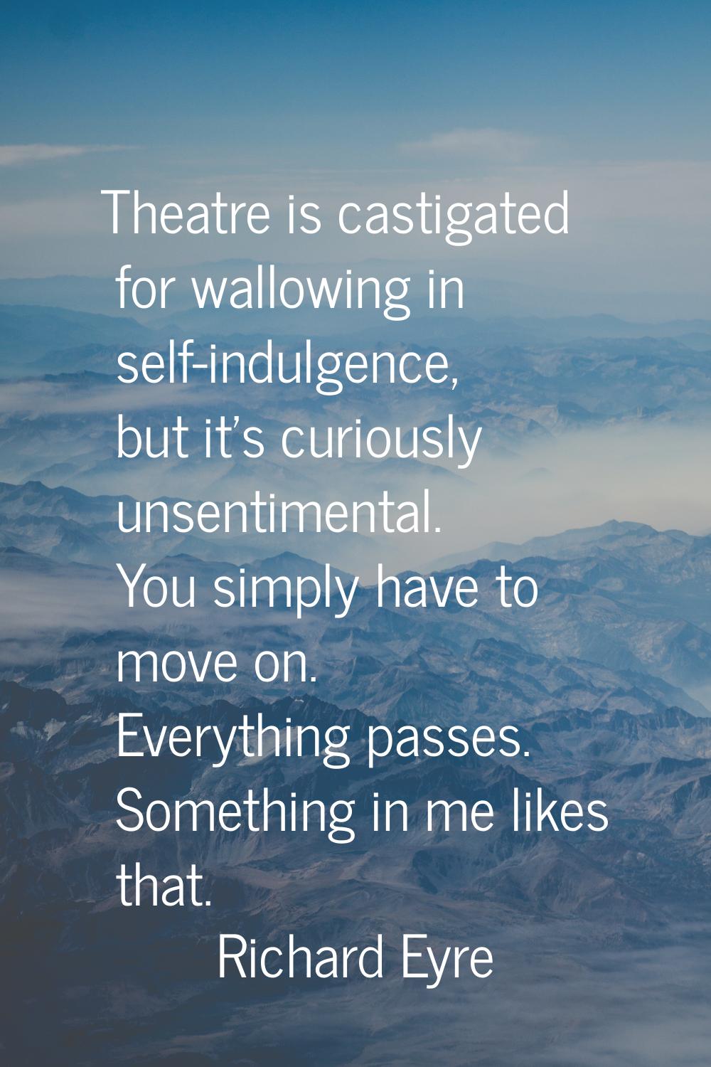 Theatre is castigated for wallowing in self-indulgence, but it's curiously unsentimental. You simpl